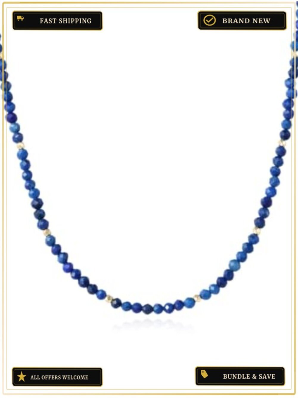 Genuine Beaded Gemstone Necklace w/ Lapis Lazuli, 15in Choker, Adjustable,